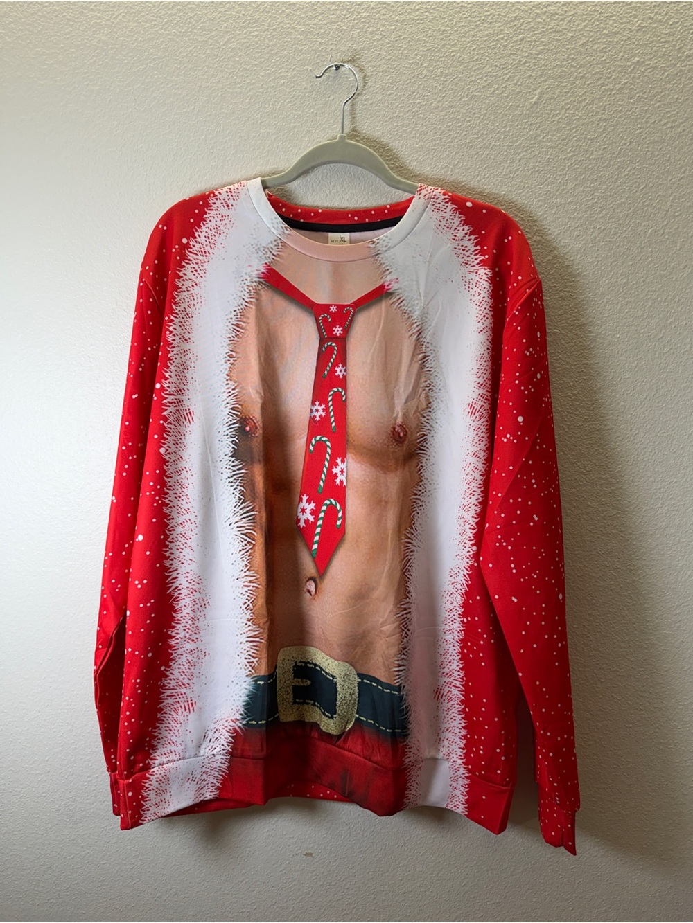 Men's Red Novelty Crewneck Sweater with Festive Tie Print